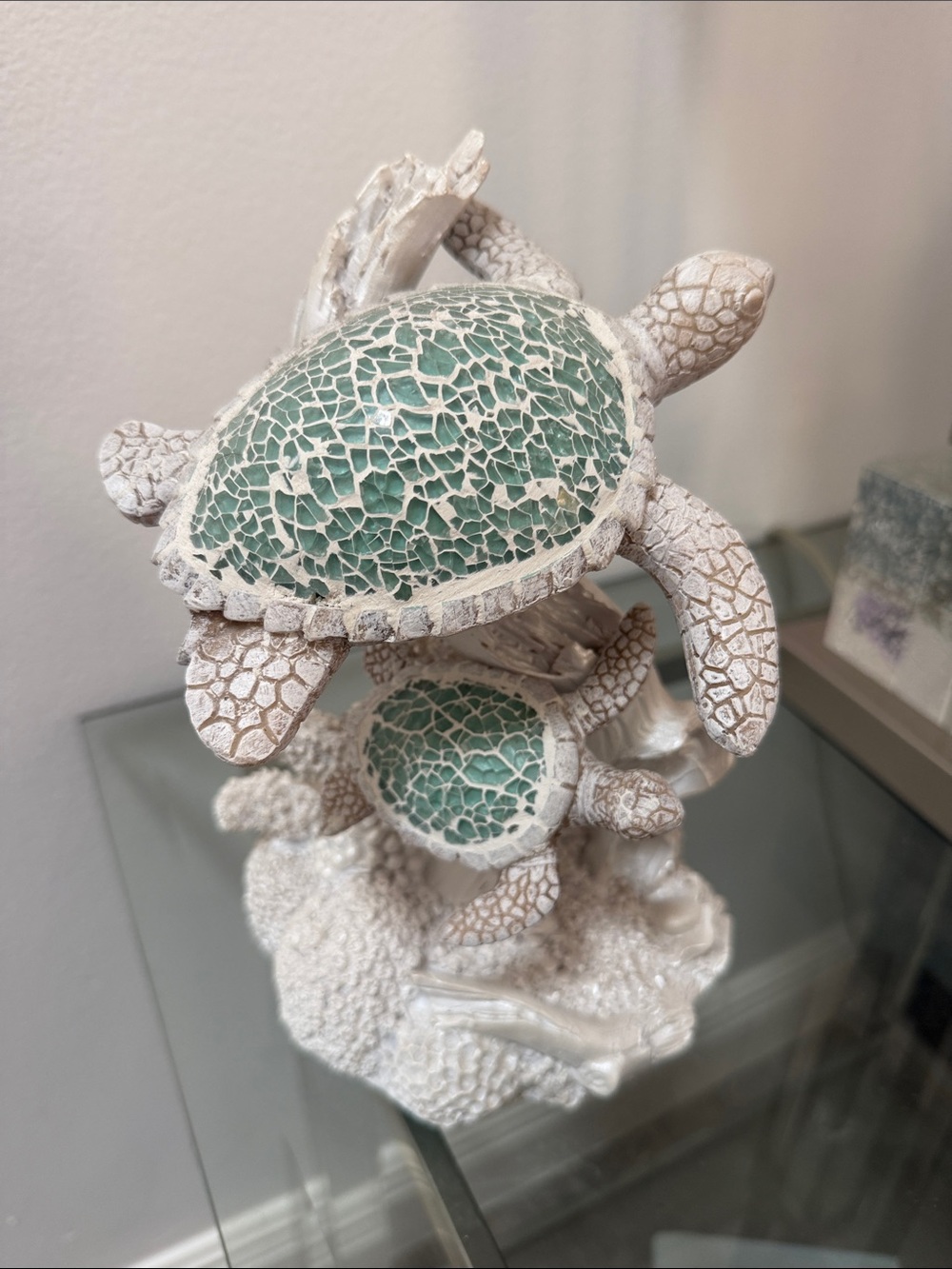 Sea Turtle Sculpture Home Art - White and Teal Decorative Figurine